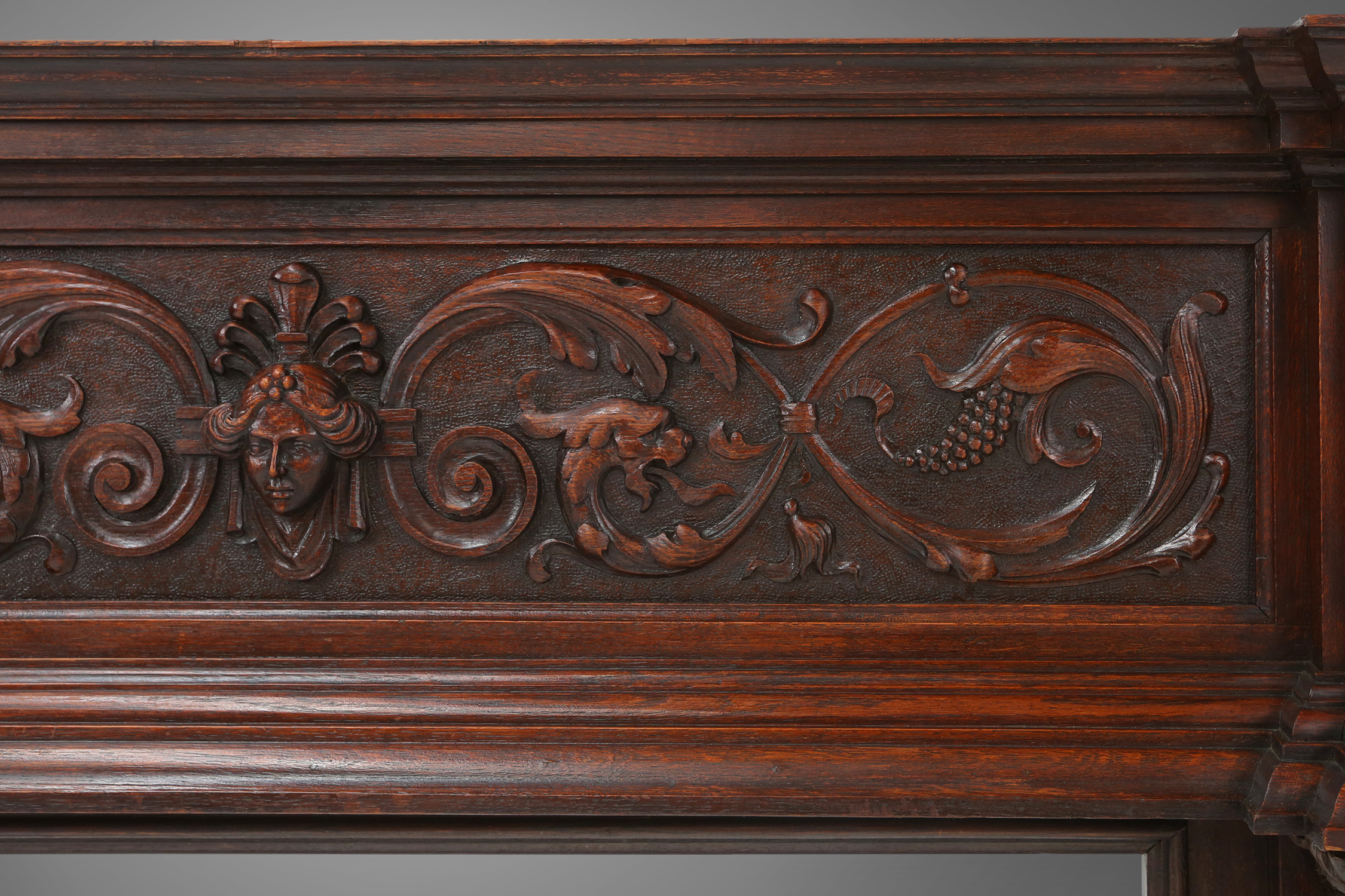 Richly decorated antique fireplace in oak, Belgium ca. 1920thumbnail